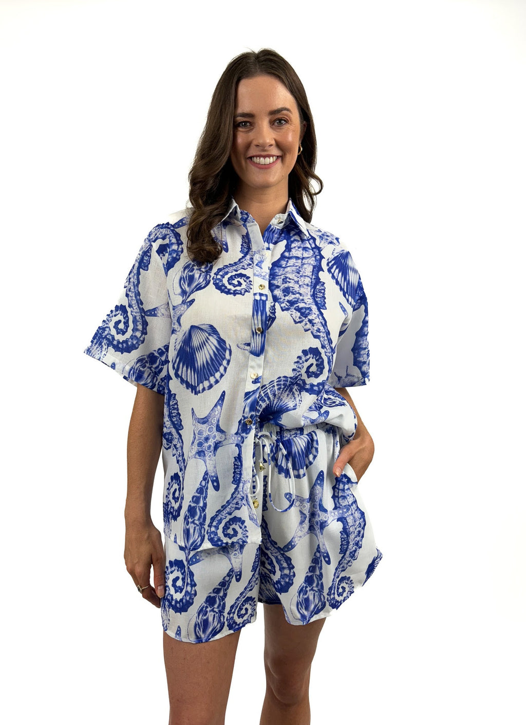 Blue & White Sea Shell Print Blouse and Shorts Set | Summer Coastal Outfit